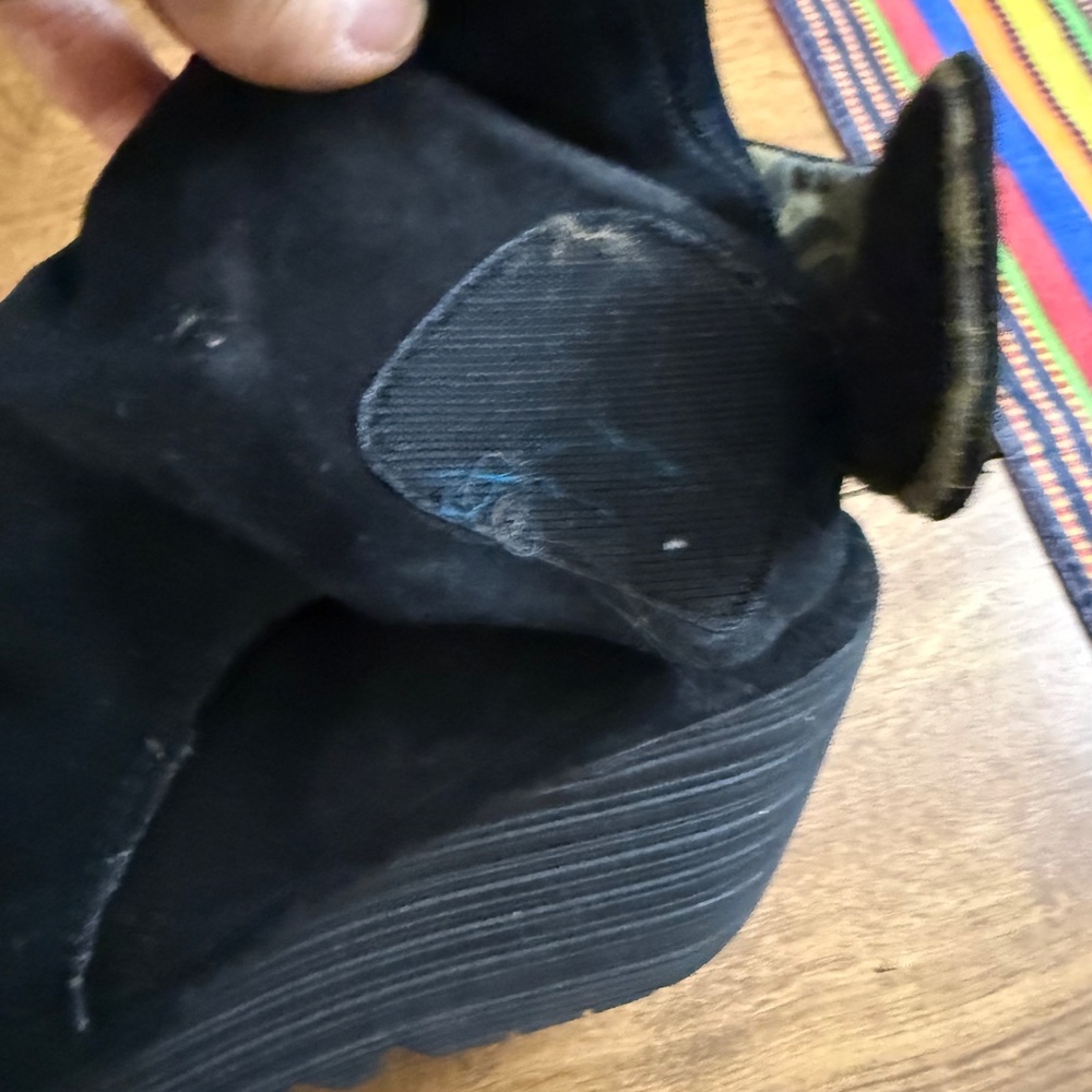 Black Suede Fly London Booties With Comfort Heel, Wast-On Hook-and-Loop Closure - Picture 15 of 16